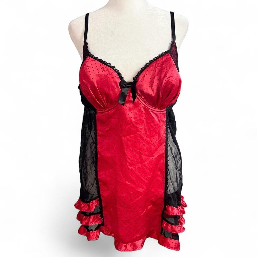 In Bloom Plus Size 1X Red Black Lace Polka Dot Lingerie Babydoll